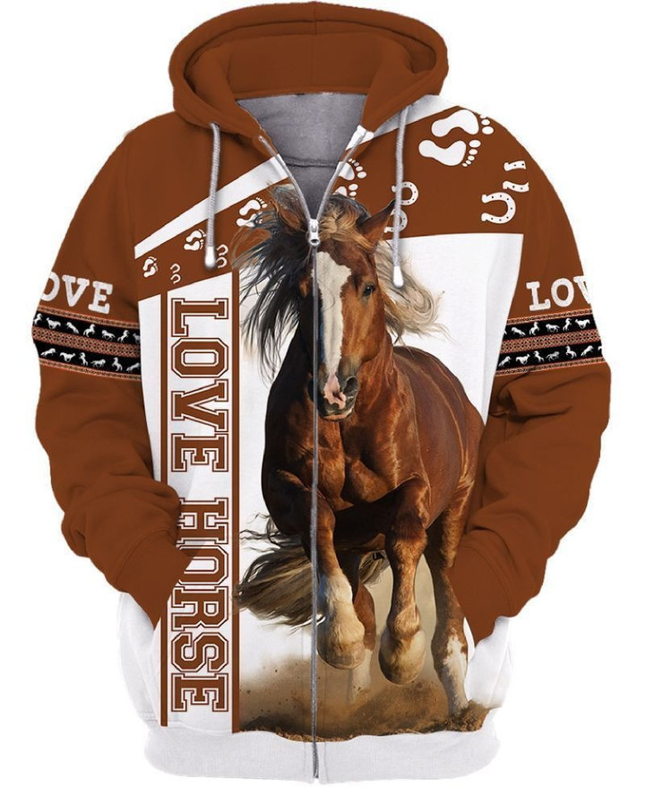 Horse Brown And White Awesome Love Horse Zip Hoodie 3D