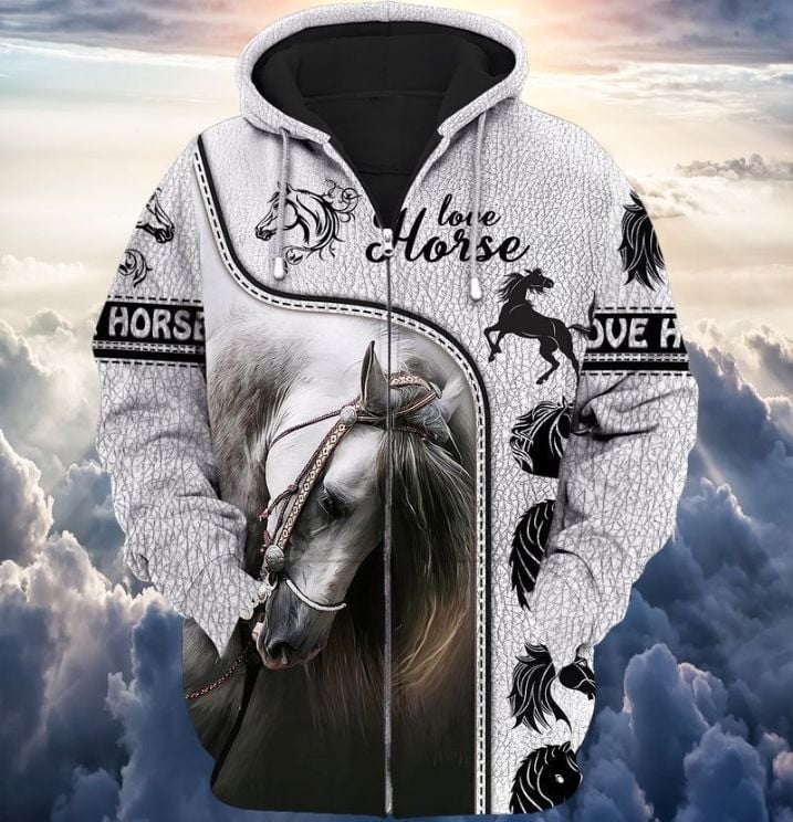 Love White Horse Zip Hoodie 3D
