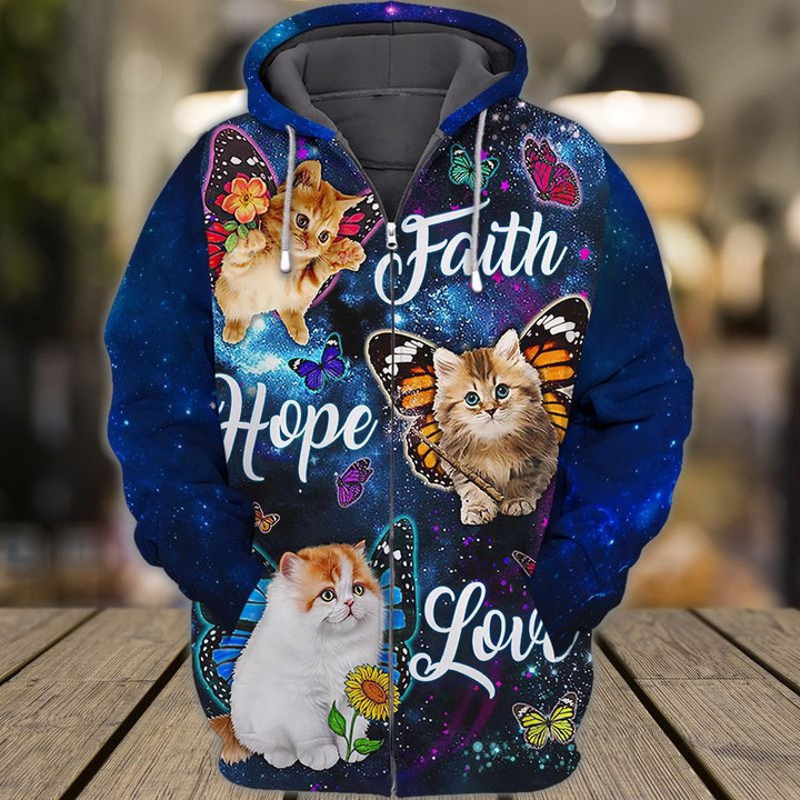 Faith Hope Love Cat Butterfly Zip Hoodie 3D