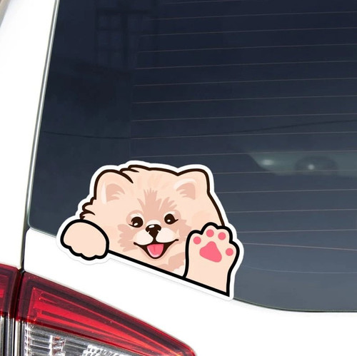 Cream Pomeranian Spitz Car Decal, Peek Kawaii Pom Dog