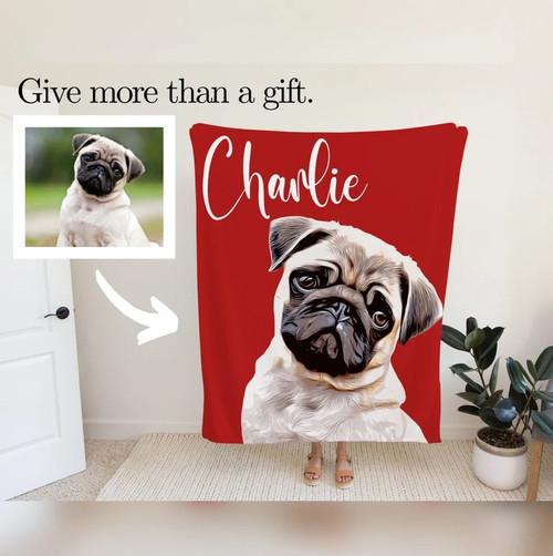 Custom dog portrait blanket from photo, Pet on blanket for couch