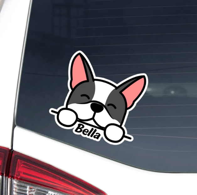 Boston Terrier / Peeking Kawaii Smiling Dog Car Window Laptop Bottle Sticker Decal