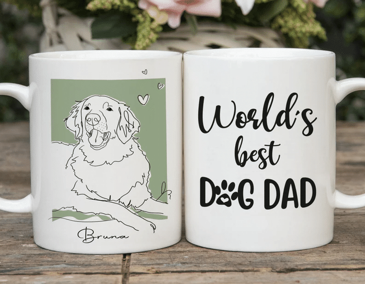 Custom Dog Line Art, Dog Portrait Hand Drawn, Dog Mug, World's Best Dog Dad Mug