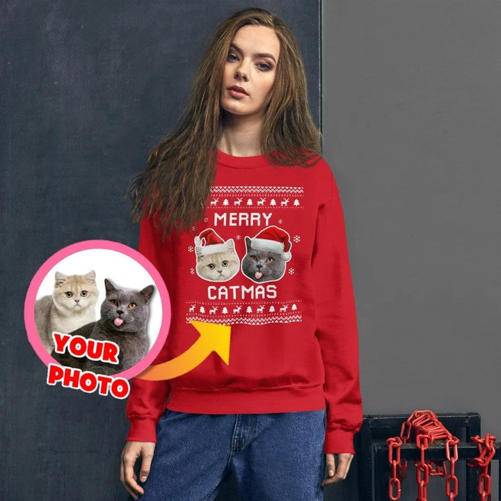 Christmas Custom Pet Cat Face Merry Catmas Sweatshirt
