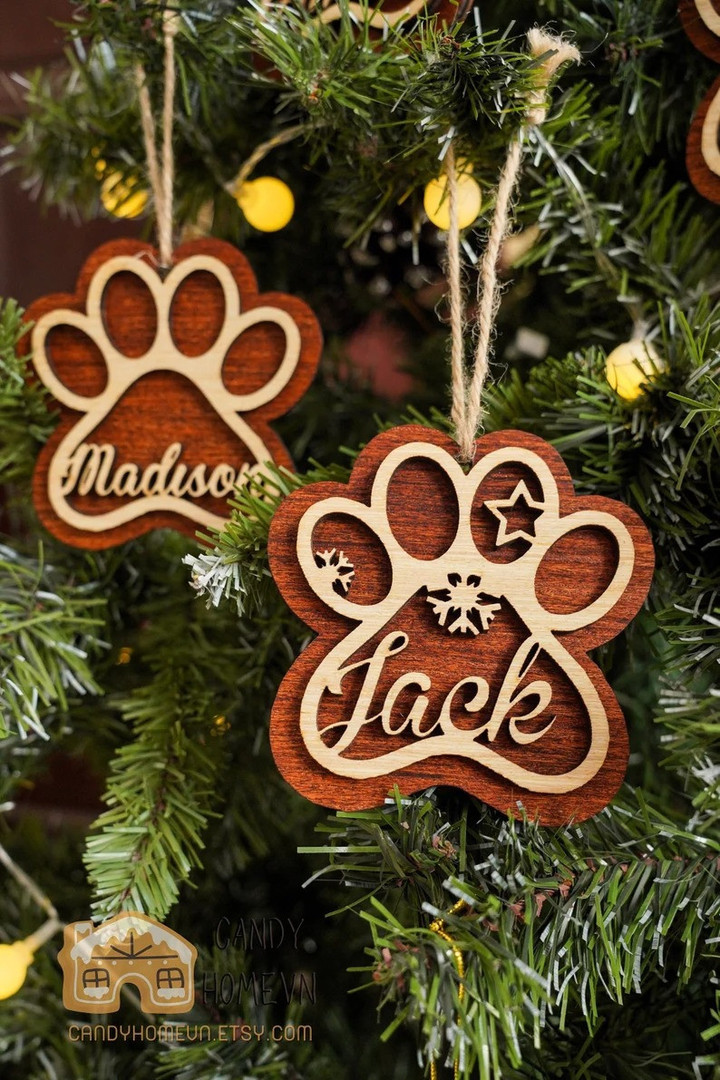 Christmas Personalized Dog Cat Paw Pet Name Wood Ornament