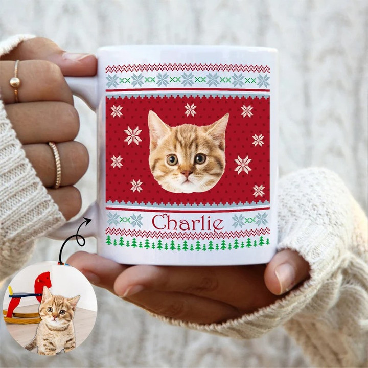 Christmas Dog Cat Custom Pet Mug, Ugly Sweater Pattern Mug