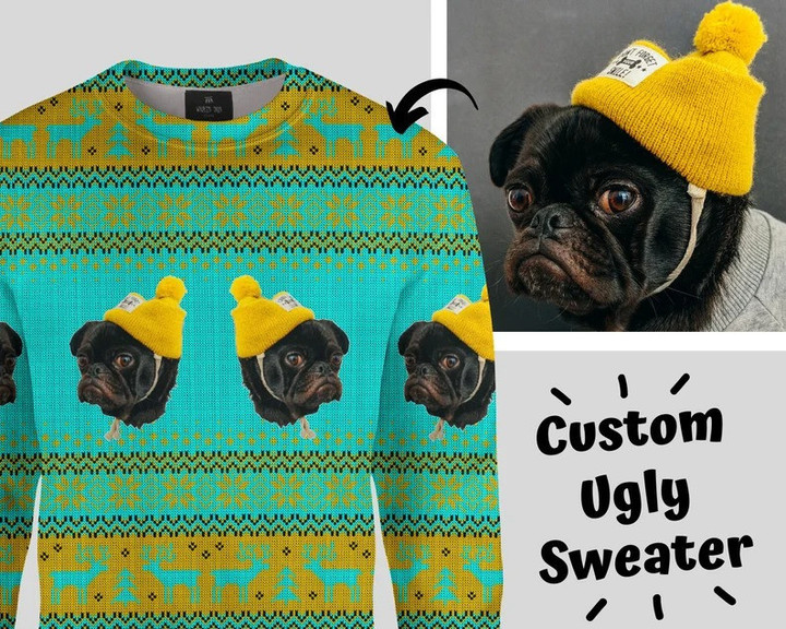 Christmas Turquoise, Yellow & Black Customized Ugly Sweater Dog Cat Ugly Sweater