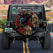 Embroidery Human Skull And Red Roses Spare Tire Cover - Jeep Tire Covers