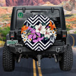 Tropical Leaves Flowers On Black White Chevron Background Design Spare Tire Cover - Jeep Tire Covers