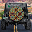 Vintage Gold And Blue Floral Mandala Motif With Rhombus Frame Spare Tire Cover - Jeep Tire Covers