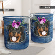 Rottweiler Adorable Face With Floral Laundry Basket