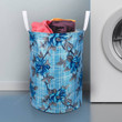 Modern Blue Polyester With Flowers  Folding Round Laundry Basket