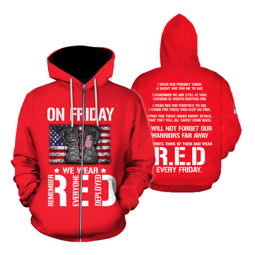 Veteran Zipped Hoodie, On Friday We Wear Red V2 All Over Printed Zipped Hoodie