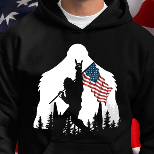 Bigfoot Rock And Roll USA Flag in The Forest Hoodie