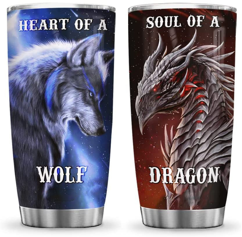 Wolf Dragon Lover Gift 20oz Wolf Heart Dragon Soul Tumbler Cup with Lid Mug