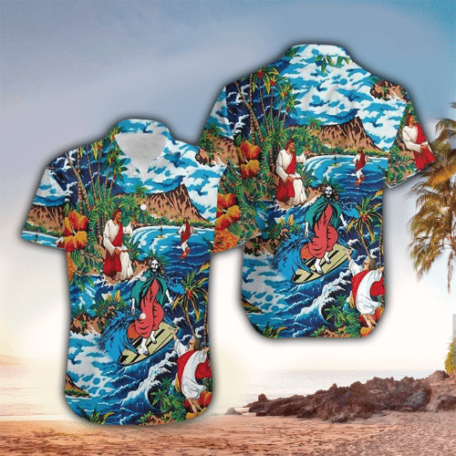 Jesus Surfing On Island Hawaiian Shirt