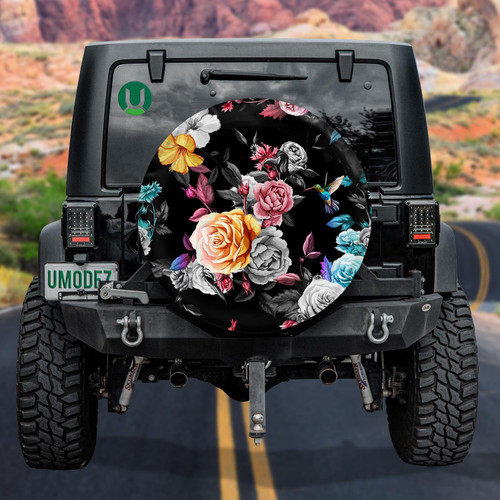 Blue Humming Bird On Rose Peony Branch Flower Garden Design Spare Tire Cover - Jeep Tire Covers