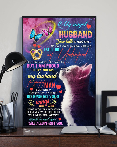 My Angel Husband Canvas Your Battle Is Now Over, No More Pain, No More Suffering Cat Canvas, Gift Ideas For Husband