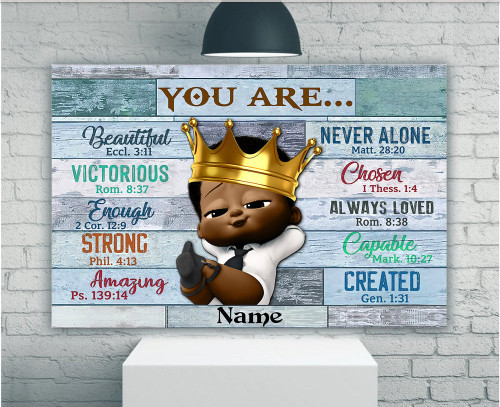 Personalized Black Boy Canvas, Custom Name Canvas, Gift For Son, You Are Beautiful Victorious Enough Strong Canvas