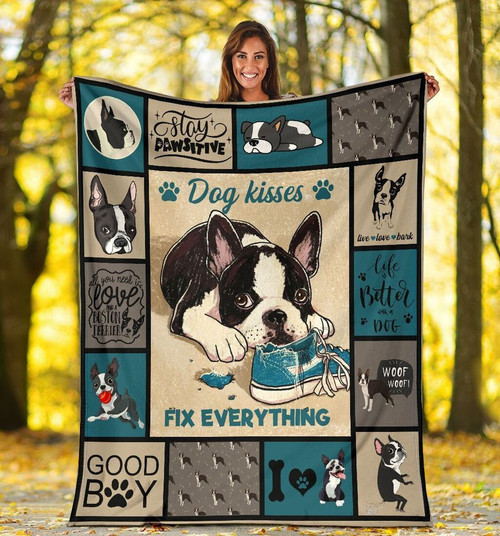 Dog Kisses Fix Everything Boston Terrier Dog Fleece Blanket