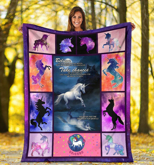 Believe In The Power Of Unseen And The Strength Of The Unknown Unicorn Galaxy Fleece Blanket
