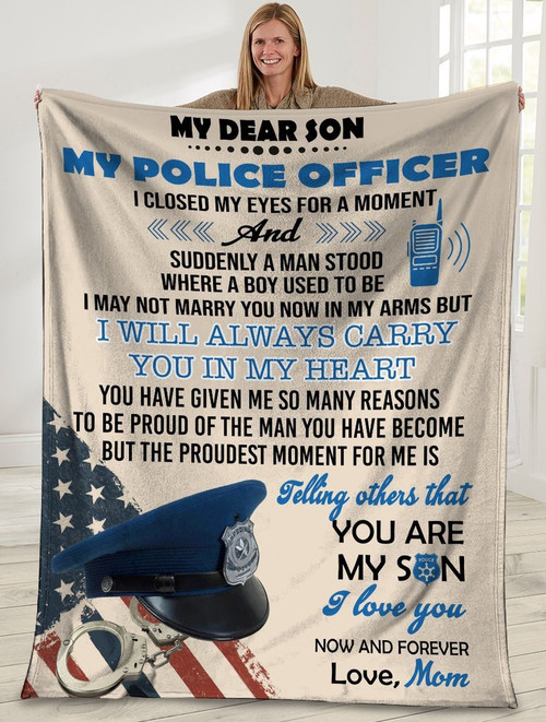 My Dear Son My Police Officer American USA Flag Sherpa Blanket