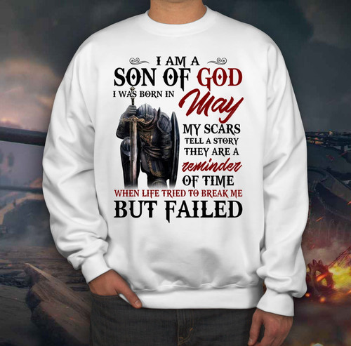 Christian Shirt, I Am A Son Of God I Was Born In May My Scars Tell A Story Crewneck Sweatshirt