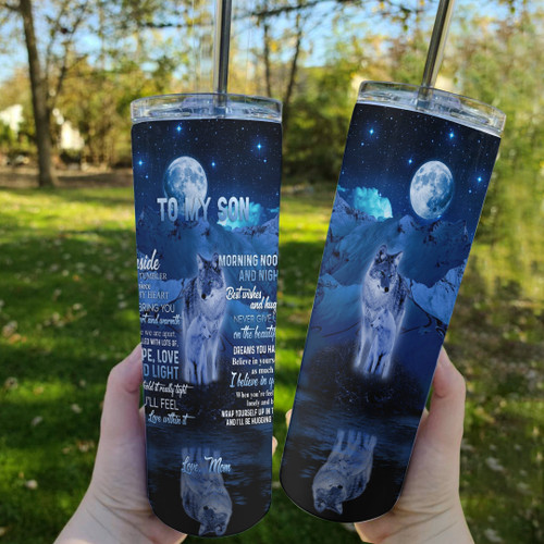 Son Tumbler, Gift For Son From Mom, To My Son, There Is A Piece Of My Heart Wolf Moon Skinny Tumbler
