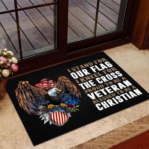 Veteran Welcome Rug, Veteran Doormat, I Stand For Our Flag I Kneel For The Cross Proud To Be A Veteran Doormat