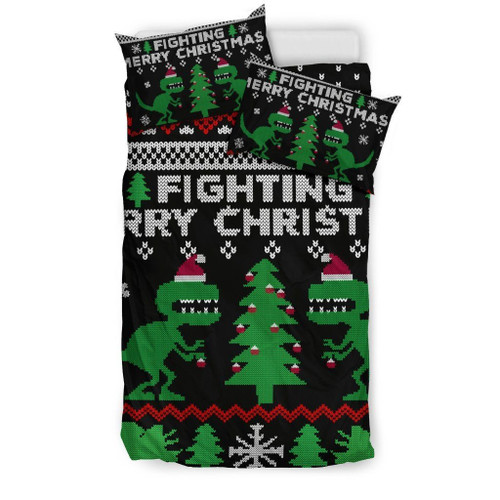 Dinosaur Fighting Merry Christmas Duvet Cover Bedding Set