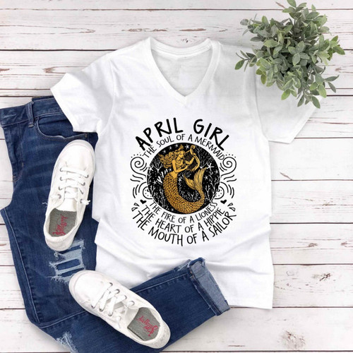Birthday Shirt, April Girl The Soul Of A Mermaid The Fire Of Lioness Unisex V-Neck T-Shirt