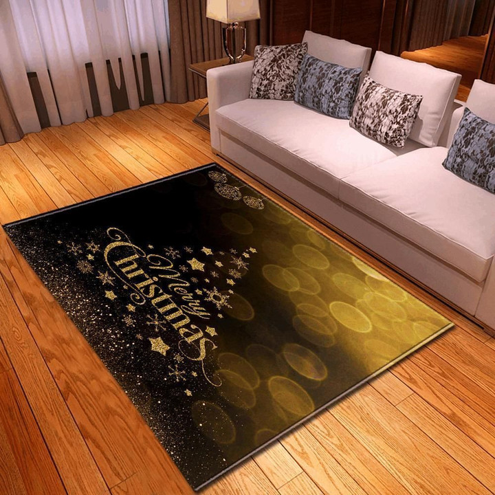 Beautiful Gold Bokeh Mery Christmas Black Theme Area Rug Home Decor