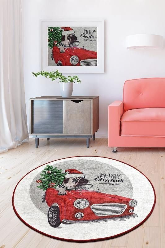 Merry Christmas Red Car Area Rug Floor Mat Home Decor