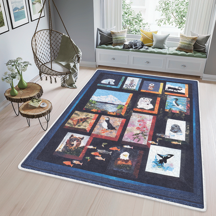 Colorful Alaska And Penguin Dark Blue Color All Over Printed Area Rug Home Decor