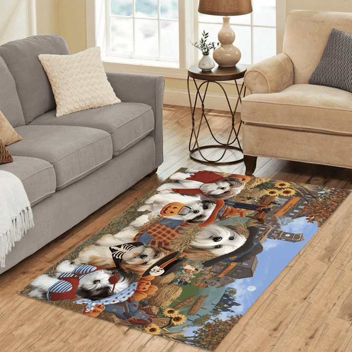 Malti Tzu Dogs Themed Halloween Round Town And Fall Pumpkin Scarecrow Area Rug Home Decor