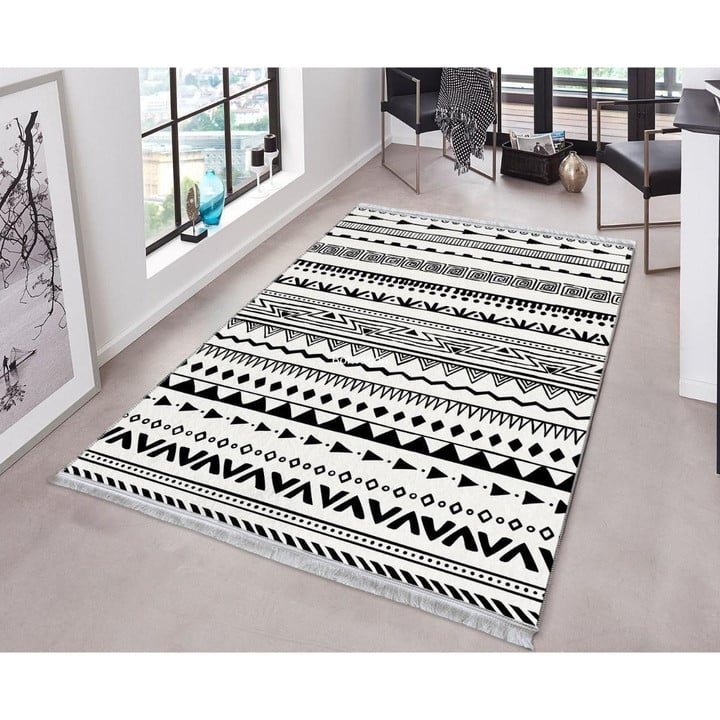 Black And White Traditional Village Area Rug Floor Mat Home Decor