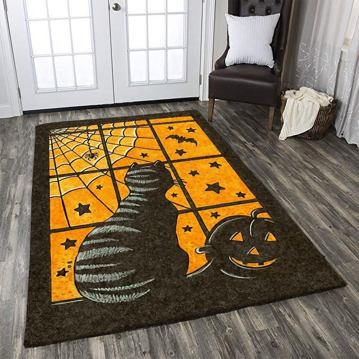 Awesome Cat And Pumpkin On The Window Design Area Rug Home Decor Halloween Gift