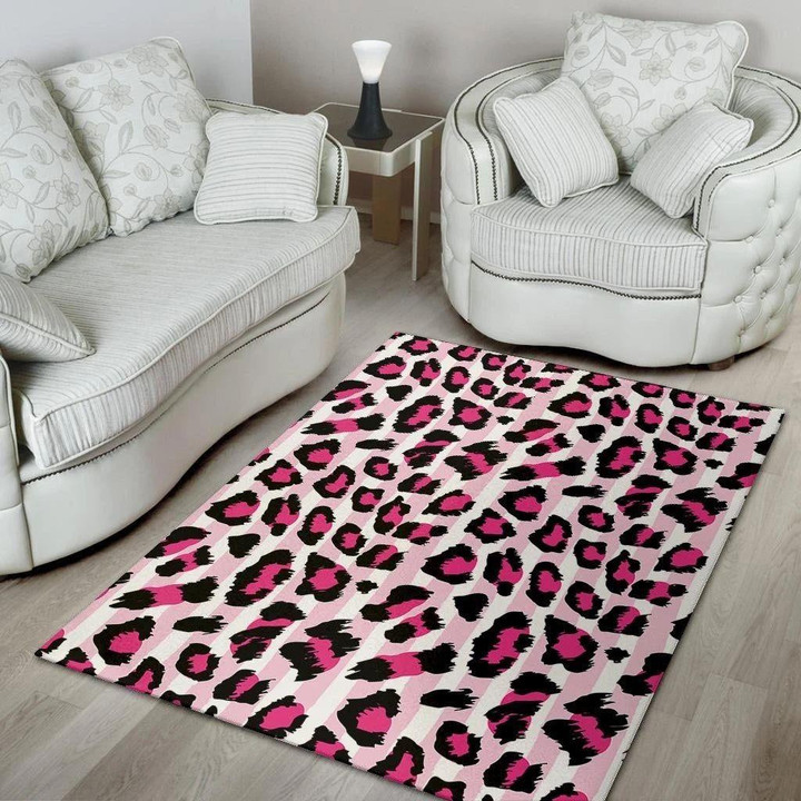 Black And Pink Leopard Skin Vertical Stripes Printed Area Rug Home Decor