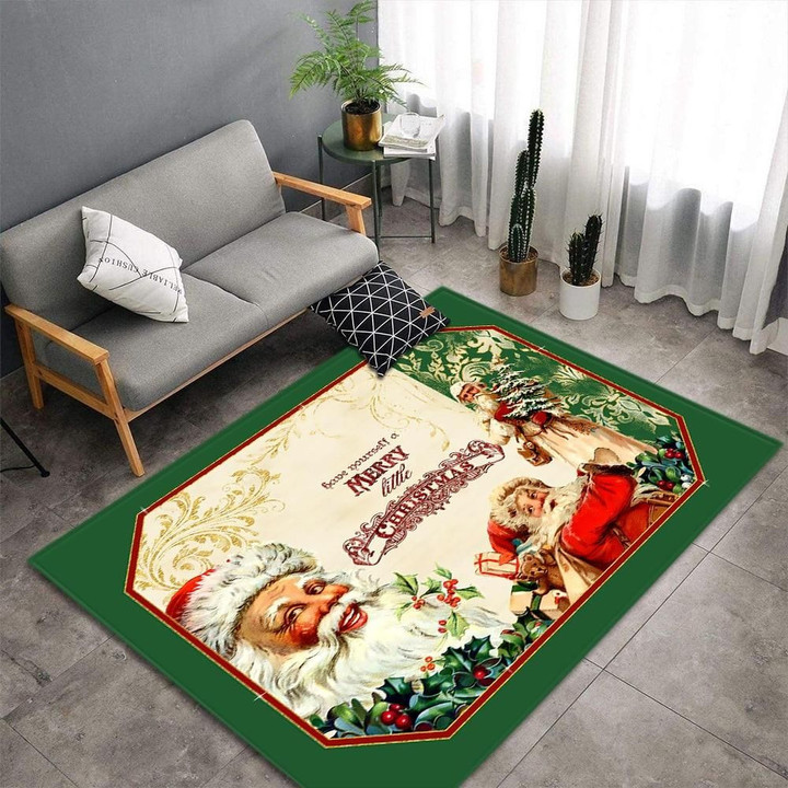 Green Background Christmas Design Santa Claus And Gift Area Rug Home Decor