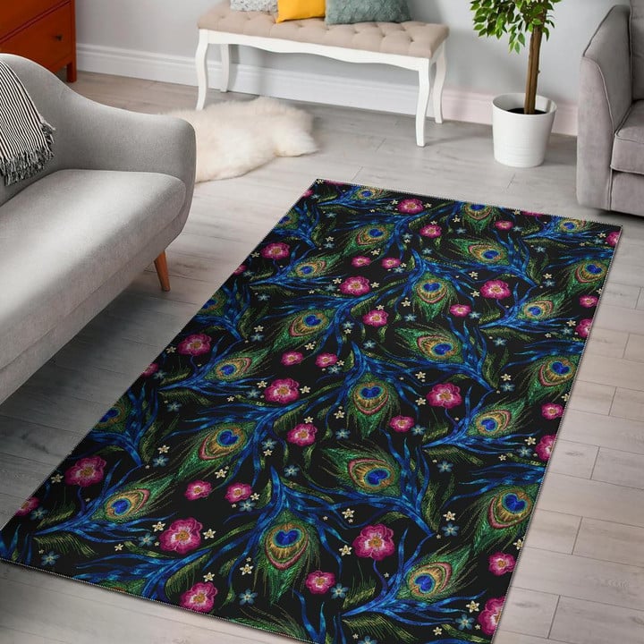 Peacock Rose Feather Pattern Print Area Rug