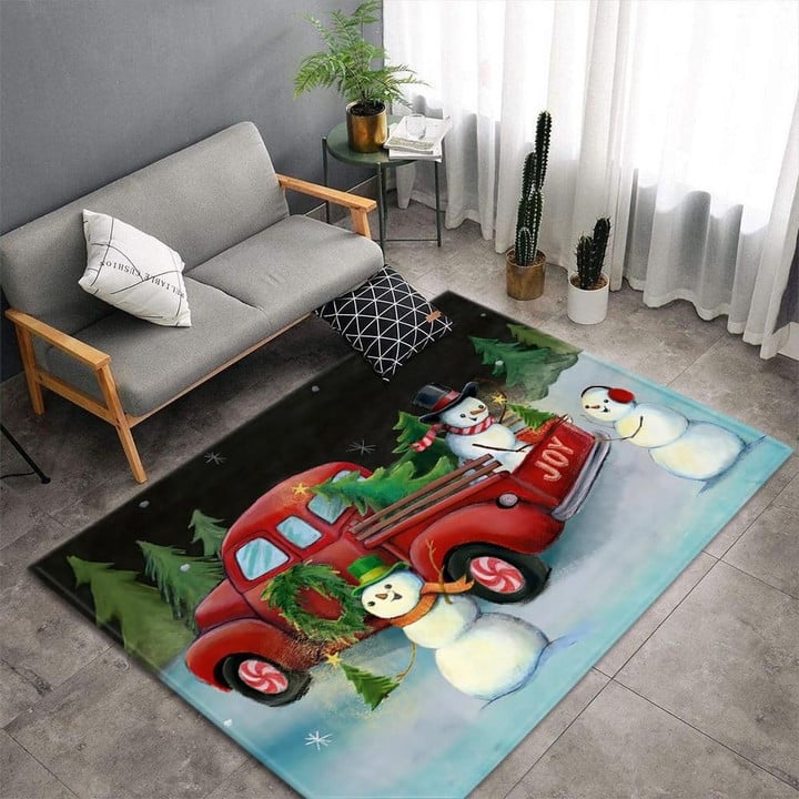 Funny Moment Christmas Truck And Snowman Area Rug Home Decor