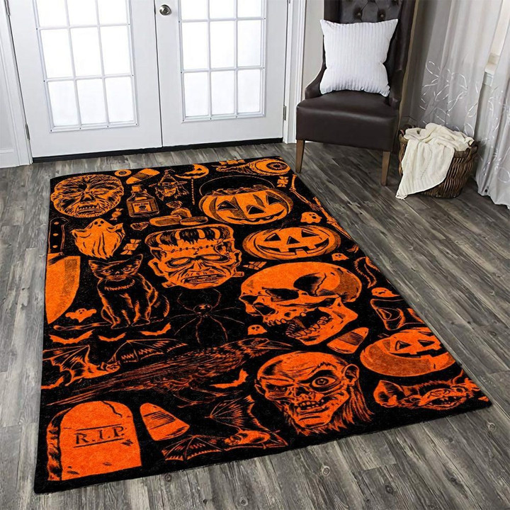 Halloween Scary Skull Pumpkin Pattern In Orange Area Rug Home Decor