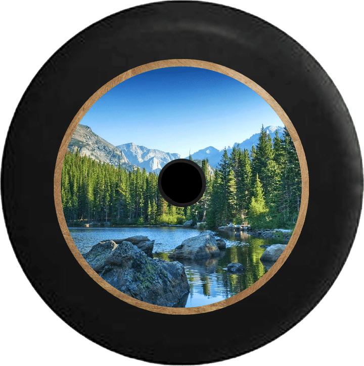 Jeep Wrangler JL Backup Camera Rocky Mountain Pines Tree line Lake Jeep Camper Spare Tire Cover 349 - Jeep Tire Covers