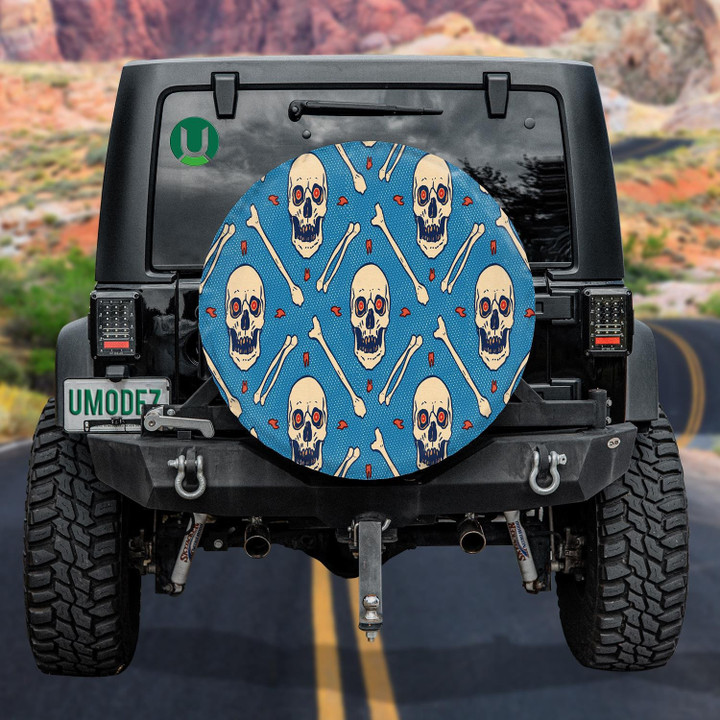 Human Skull With Bone On Blue Background Spare Tire Cover Car Accessories - Jeep Tire Covers