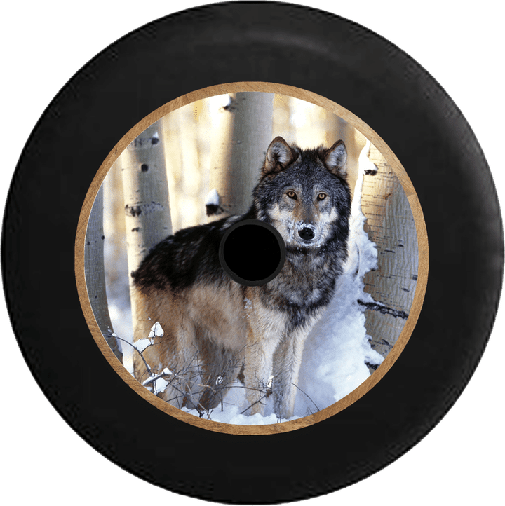 Jeep Wrangler JL Backup Camera Grey Wolf in the Snowy Winter Birch Forest Jeep Camper Spare Tire Cover 322 - Jeep Tire Covers