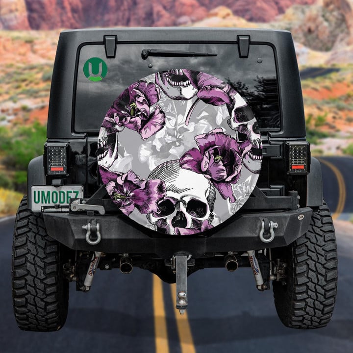 Violet Tulips Flowers And Human Skulls On Gray Background Spare Tire Cover Car Accessories - Jeep Tire Covers