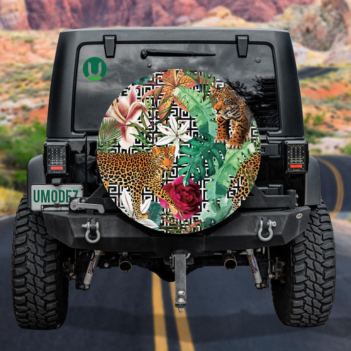 Wild African Leopard In Tropical Forest Geometric Background Spare Tire Cover - Jeep Tire Covers