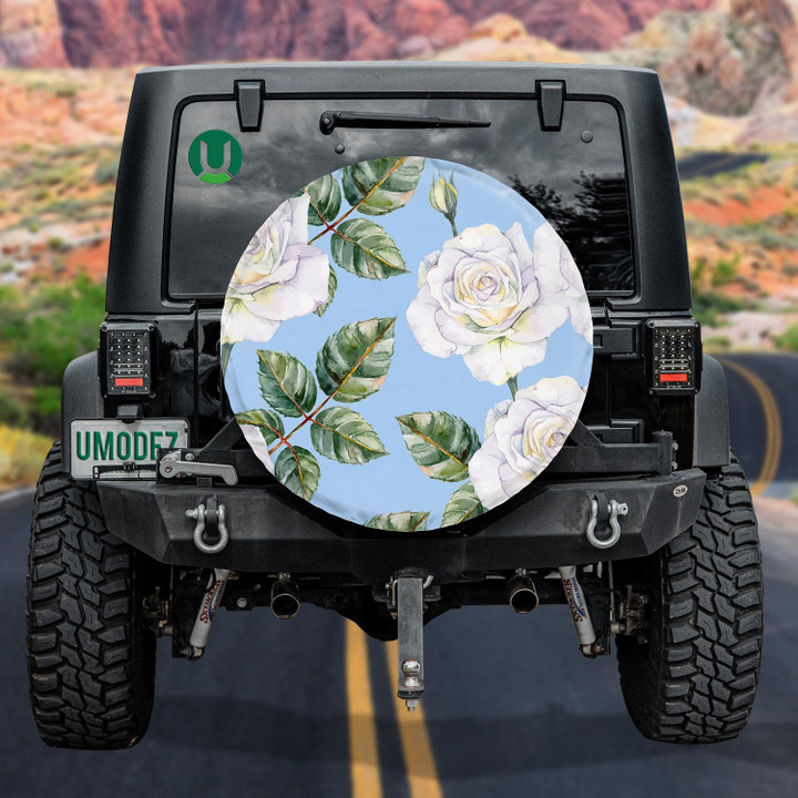 Impressive White Roses Green Leaves Blue Theme Watercolor Design Spare Tire Cover - Jeep Tire Covers