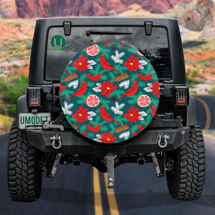 Watercolor Red Cardinal And Poinsettia Red Flower Spare Tire Cover - Jeep Tire Covers