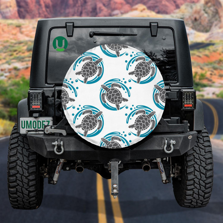 Sea Turtles And Waves On White Background Spare Tire Cover - Jeep Tire Covers